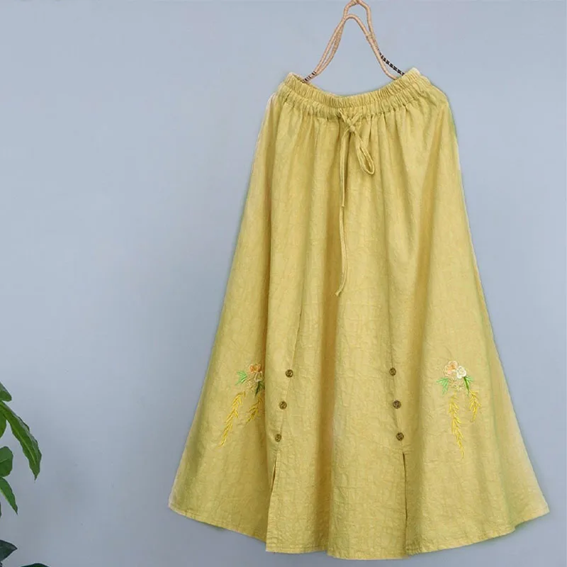 Vintage Casual Solid Embroidery Spliced Loose Skirt Summer Women\'s Clothing Fashion All-match Elastic High Waist A-Line Skirts