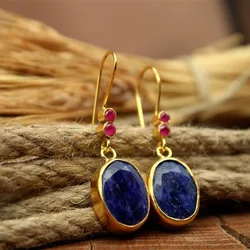 Ethnic Round Blue Stone Earrings for Women Vintage Jewelry Antique Gold Color Red Stone Metal Geometry Dangle Earrings