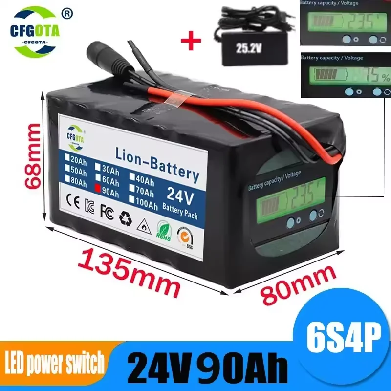 NEW 24V Battery 6S4P Battery Pack 100Ah Rechargeable Lithium Battery Suitable for 250W motor With Capacity Indicator&BMS+Charger