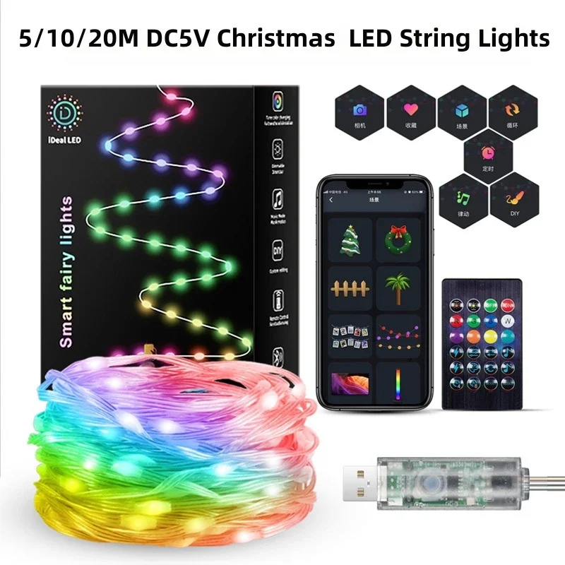 5/10/20M DC5V WS2812B RGBIC Christmas Dreamcolor LED String Lights Bluetooth Music Rainbow Fairy Lights for Room DIY Decoration