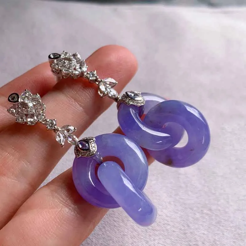 Natural Hetian jade romantic violet Interlocking earrings for women classic ancient rhyme engagement wedding silver jewelryy