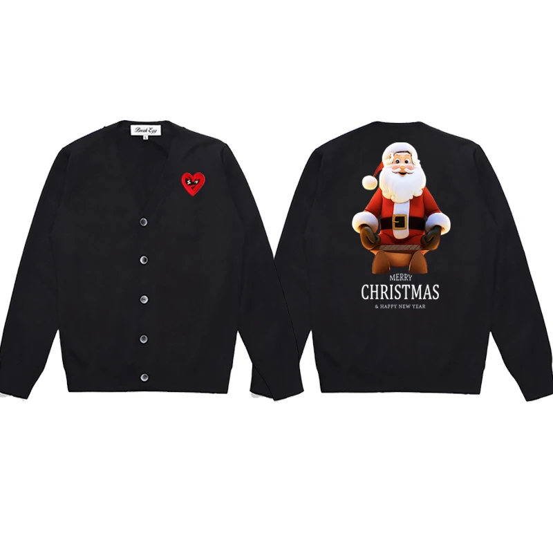 

Christmas Santa Claus Printing Men Cardigan Cotton Red Cute Glasses Heart Embroidery V-Neck Single Breasted Autumn Fit Sweater