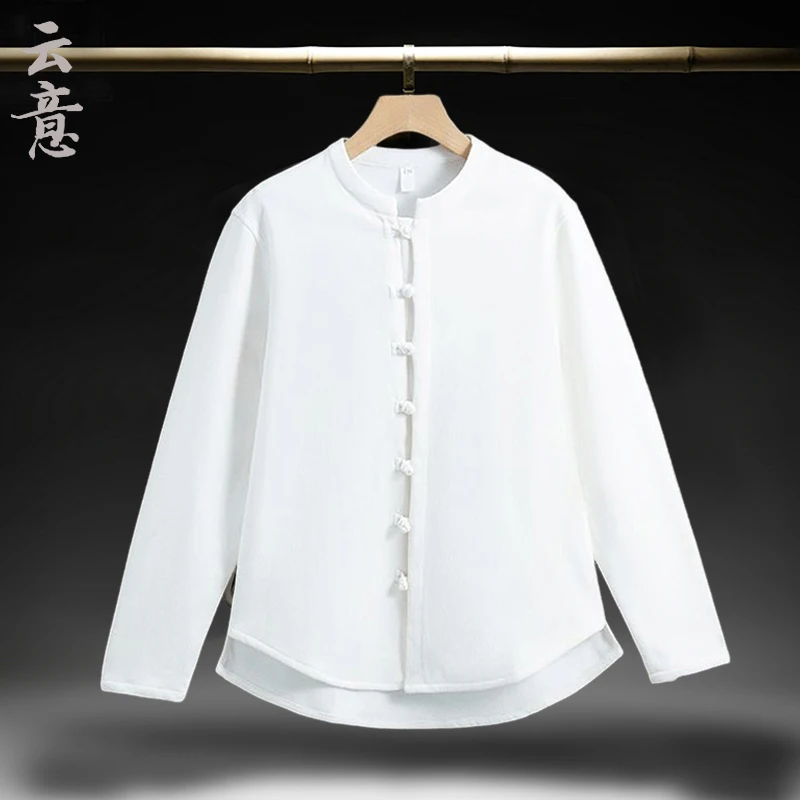 

Thiened Fce Lined Casual irt for Men Traditional Chinese Sle Long Sve Stand Collar Tang Costume Youth Wear Winter