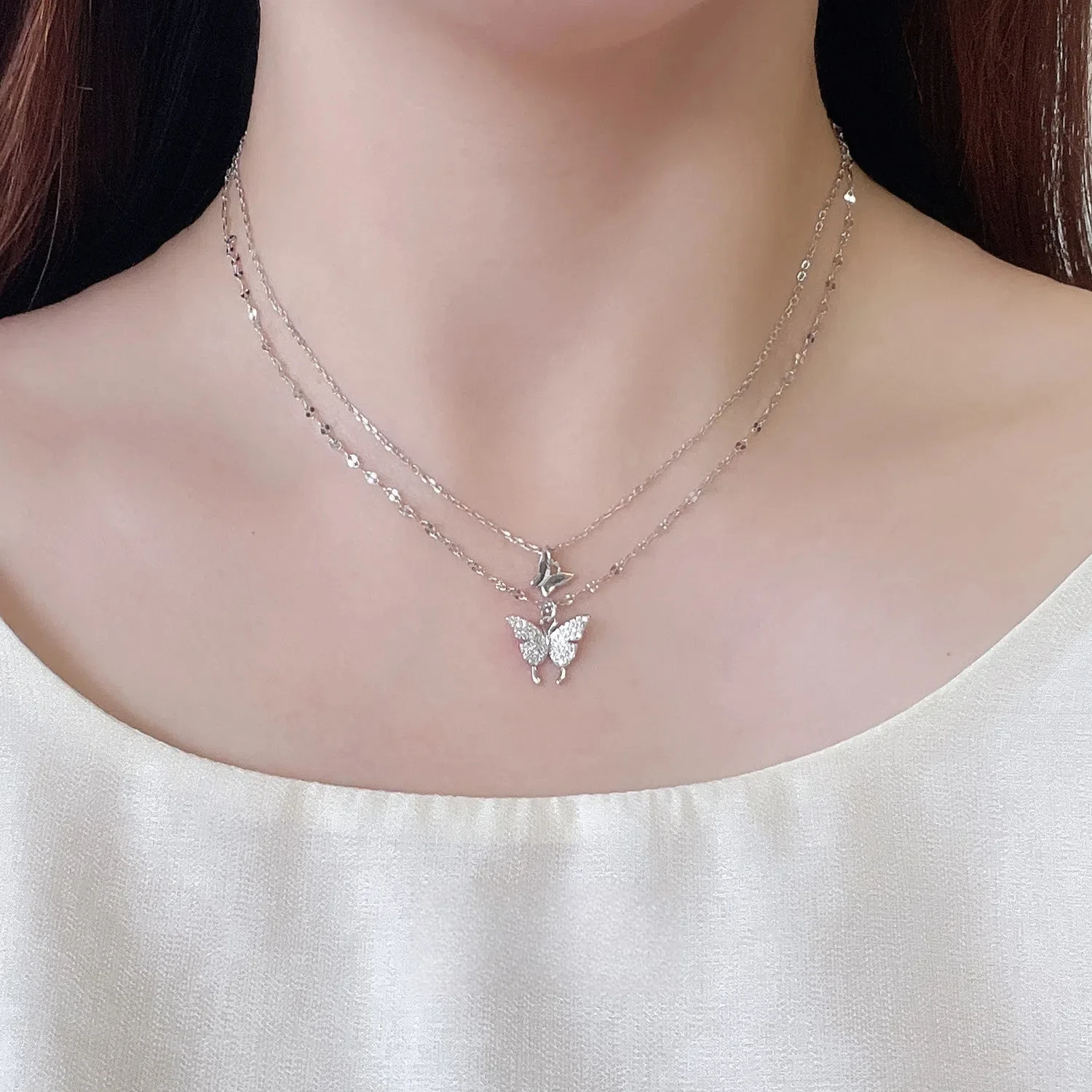 

S925 Sterling Silver Shiny Butterfly Necklace Ladies Exquisite Double Layer Clavicle Chain Necklace Jewelry For Ladies Gift