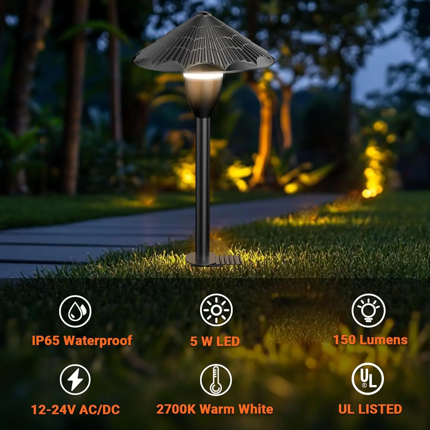 Lights,Outdoor Wired LED Landscape Path Lights,AC/DC 12-24V UL Listed Cord Cast-Aluminum Waterproof,2700K Low Voltage Pathway Li