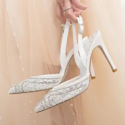 Summer new pointed mesh beaded crystal thick-heeled wedding shoes thin high-heeled banquet large size small size women's sandals
