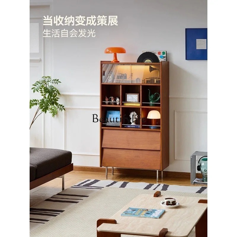 خزانة مجمعة من الخشب الصلب بتصميم عتيق ورف خزانة كتب بباب زجاجي وأرضية جدارية مدمجة #3