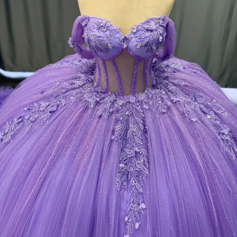 

Shiny Purple Quinceanera Dress crystal Decal Long tail 3D flower Lace layering Bow Vestidos De 15 Quinceanera ﻿Customize