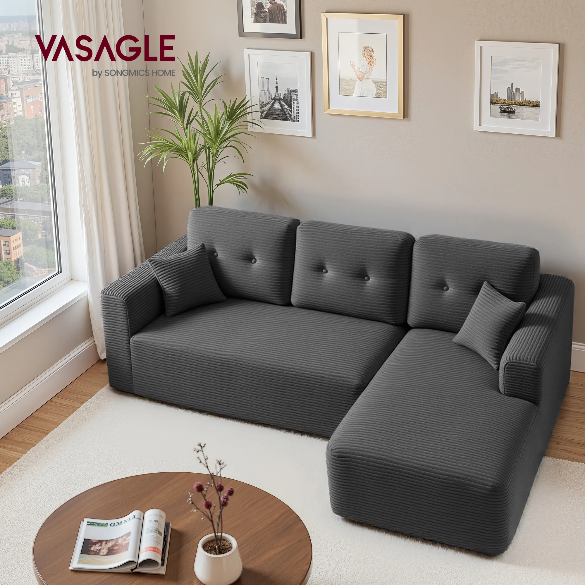 Image of VASAGLE Modulares Sofa, Ecksofa mit Liege rechts, 244 cm breit, vakuumverpackt, keine Montage erforderlich