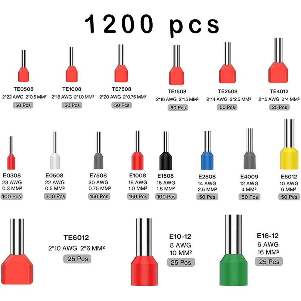 Ferrule Crimping Tool Kit AWG 28-5 with 1200 PCS Bootlace Ferrule Connector, Hexagonal Crimper for End-Sleeves (0.08-16mm²) 16-6