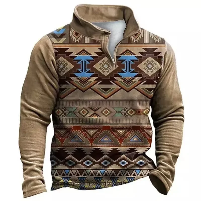 Men's Fleece Lined Sweatshirt Retro V Neck Vintage Ethnic Pattern Winter Fall Long Sleeve Tops High-neck Zip-up Polo Shirt