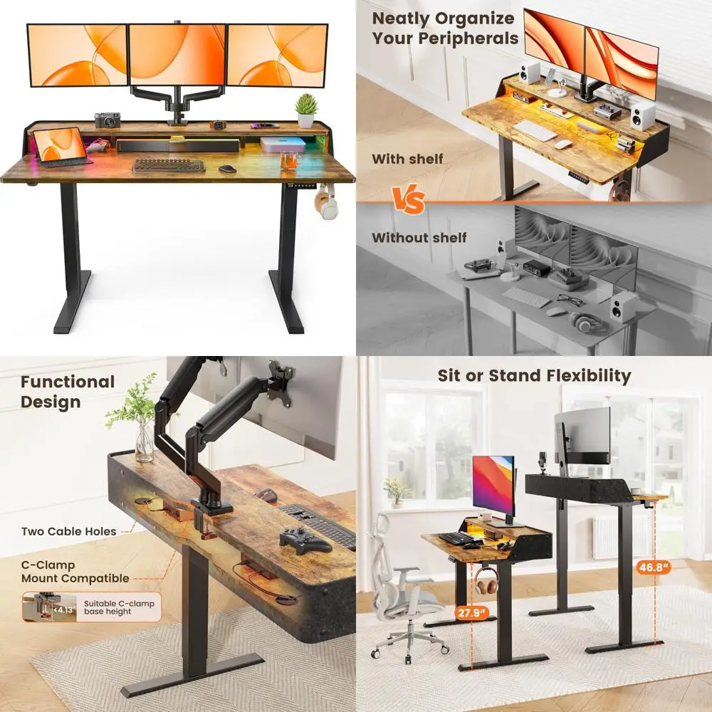 مكتب ألعاب كهربائي RGB قابل للتعديل مع رف، ارتفاع مزدوج، 55 بوصة × 28 بوصة #1