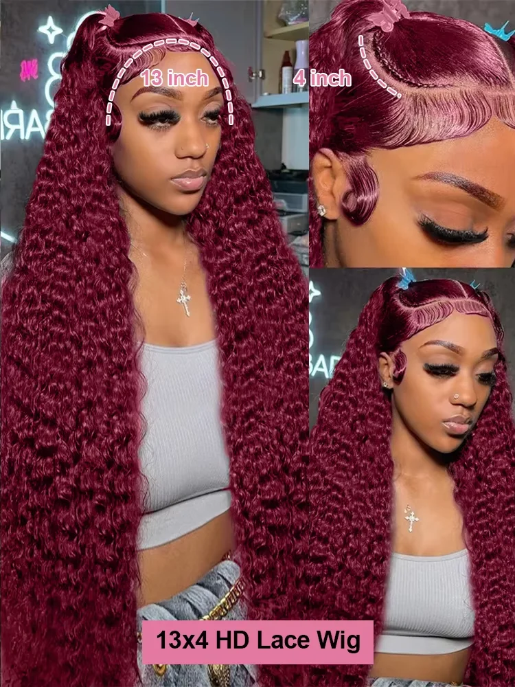 250 Density 13x4 Curly 99J Burgundy Colored Lace Front Wig 30 40 Inch Deep Wave 13x6 HD Lace Frontal Human Hair Wigs For Women