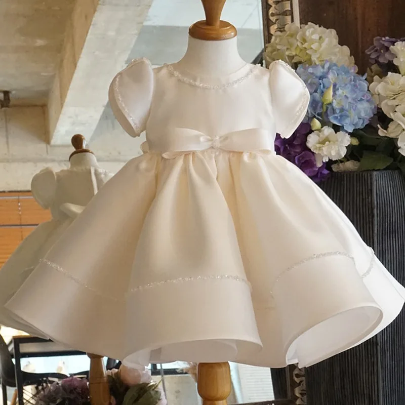 Customized Kids Birthday Party Vestidos O-neck Puff Sleeve Simple Solid Robe Solid Pleated Flower Girls Dress Pleated Bow Prince