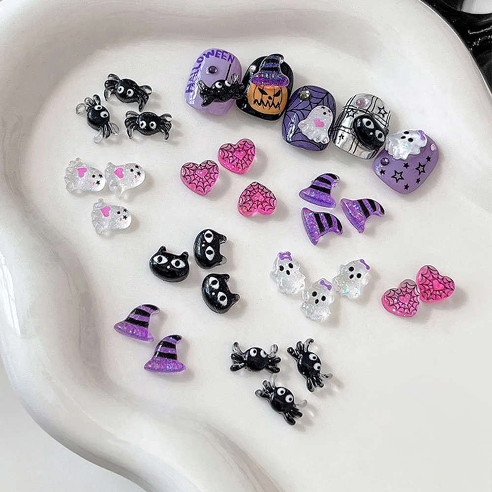 50 Stück/Beutel Niedliche Eis-transparente Geisterherz-Hut-Nagelsteine 3D Halloween Schwarze Katze Krabben-Nagelanhänger Harz-Flatback-Nageldekorationen – Detail 4