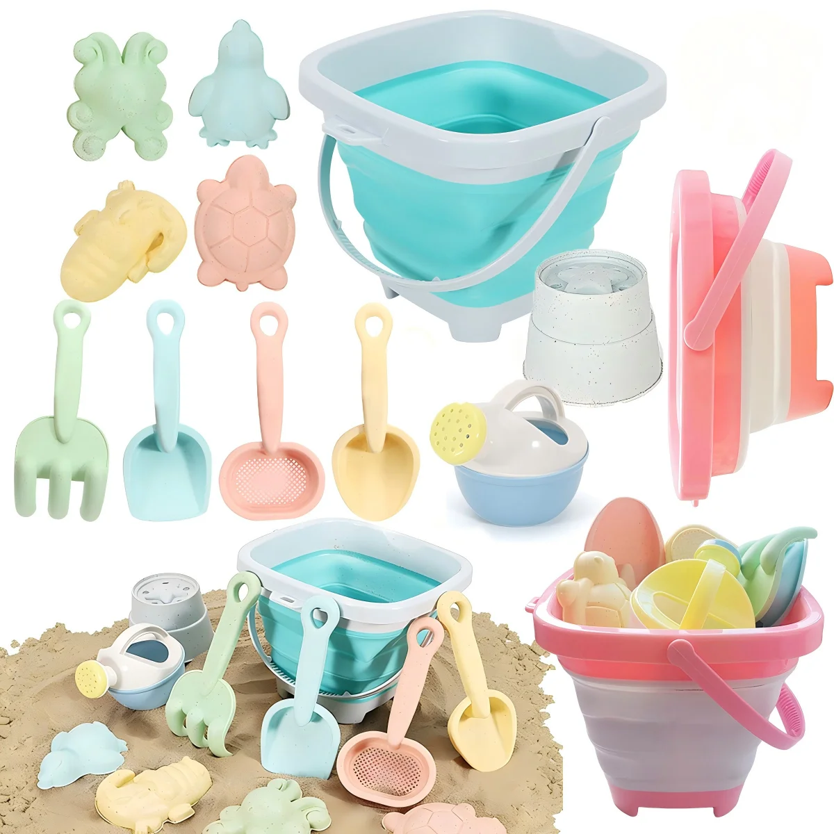 

Beach Toy Set for Kids, Collapsible Silicone Bucket and Shovels Set with Sand Molds, Beach Essentials for Outdoor Play Summer