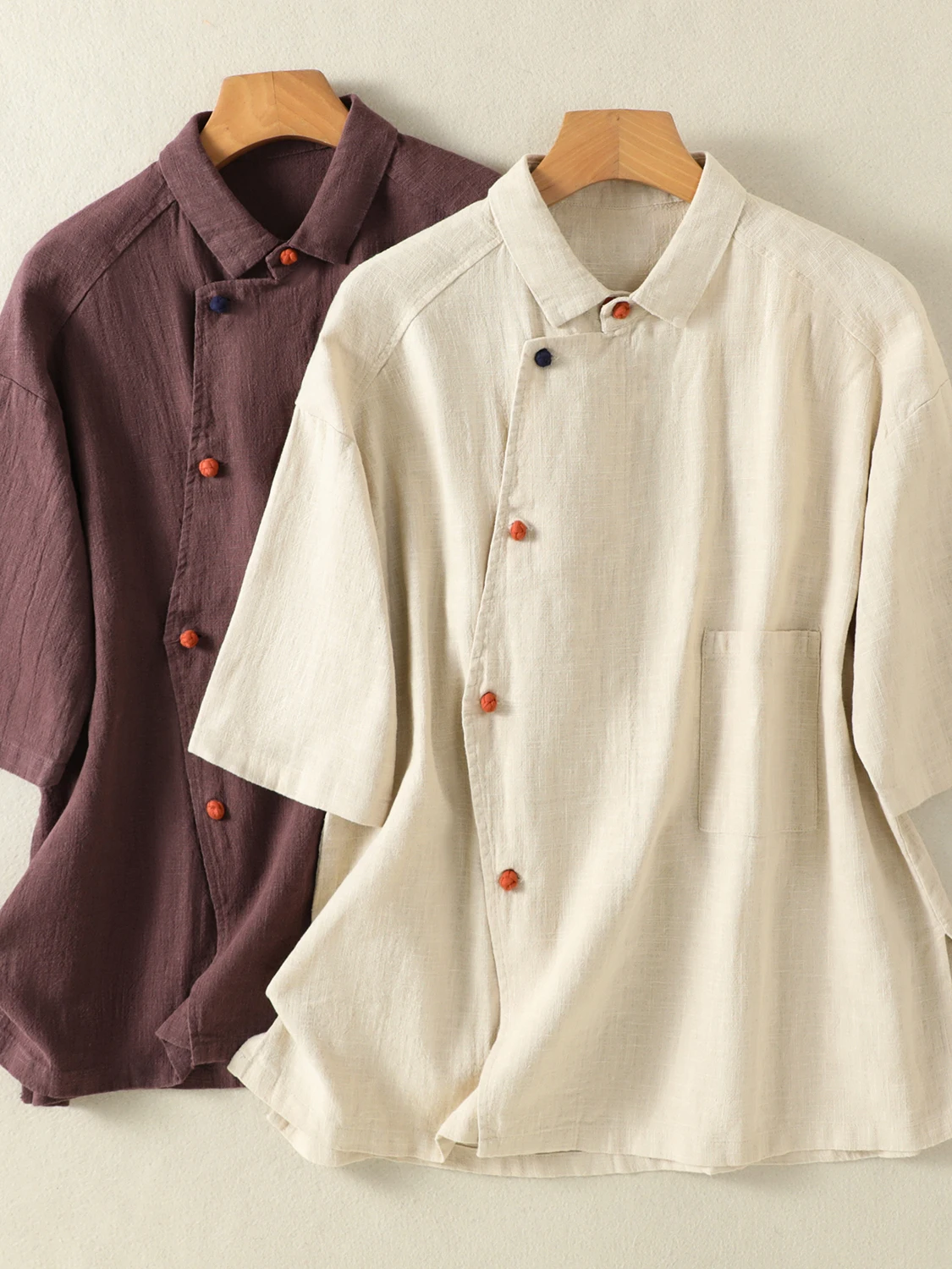 

Summer 2026 Chinese Sle irt Button ort Sve Turn-down Collar Versatile Large Size Women's Clothing Casual Cotton Blend