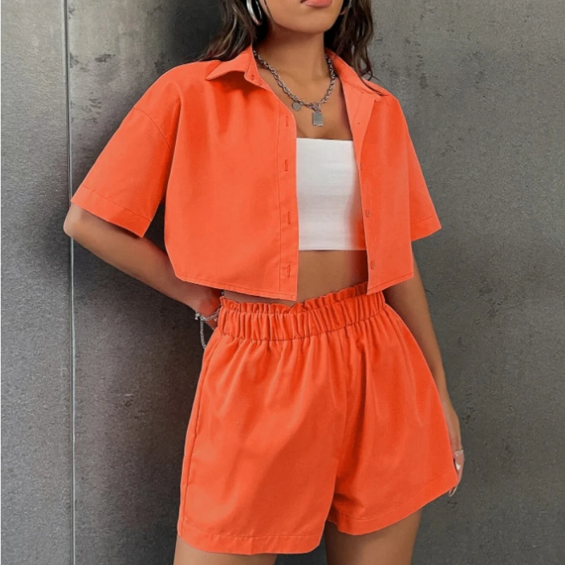 2023 Zomer Nieuwe Vrouwen Tweedelige Set Effen Kleur Single Breasted Korte Mouw Polo Shirt Shorts Fashion Casual Shorts set