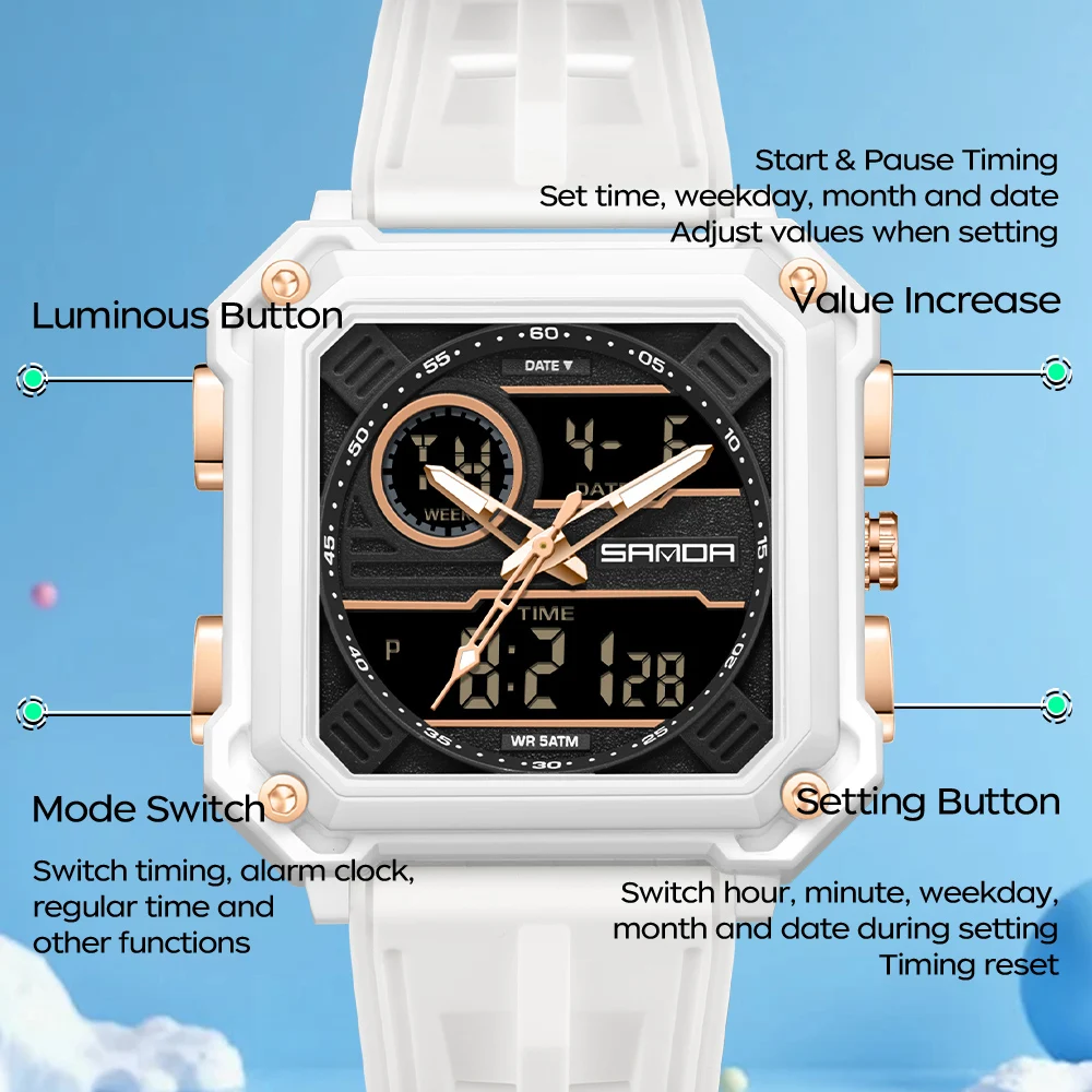 SANDA Fashion Sport Male Daily Athletic Quartz Wristwatch Multimode Chronograph Dual Time Output Night Bright for Adult Men