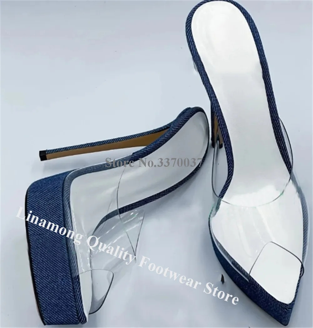 Linamong Newest Clear PVC Patchwork Stiletto Heel Slippers Pointed Open Toe Blue Pink White High Platform Thin Heel Sandals