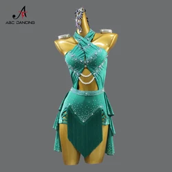 Costume de danse pour filles, robe latine, robe de soirée samba pour femmes, ligne trempée, sexy, vêtements de pratique de salle de Rh, jupe à franges de Rh, personnaliser, 2024