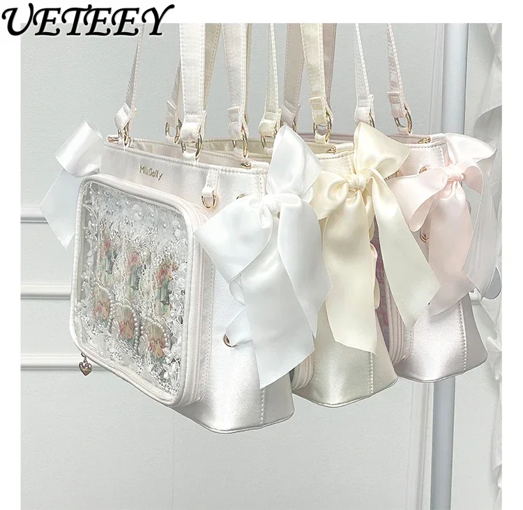 Japanese Bow Lace-up Solid Color Shopping All-Match Crossbody Bag for Women Sweet Cute Girl Satin Ribbon Lolita Handbag