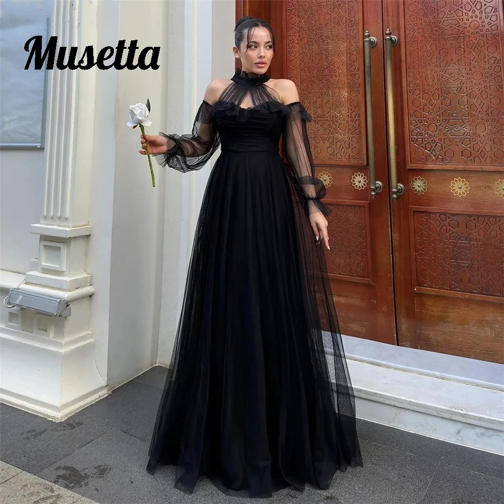 

Musetta Black Simple Evening Gowns Halter Off The Shoulder Ruched Prom Dresses A-Line Floor Length Formal For Women Party Gown