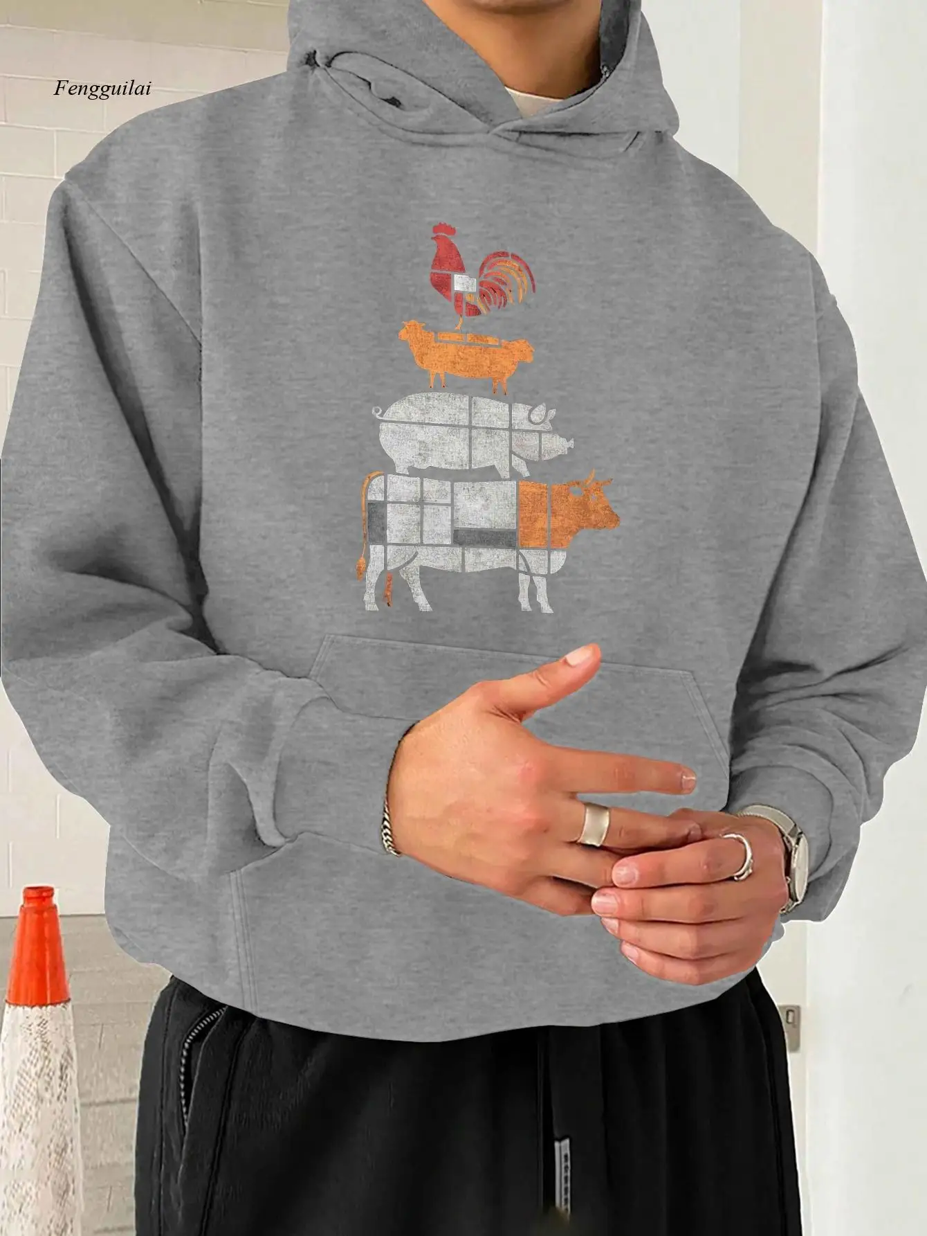 동물 실루엣 프린트가 있는 캐주얼 후드 스웨트셔츠, 니트 원단, 루즈핏, 신축성 없음