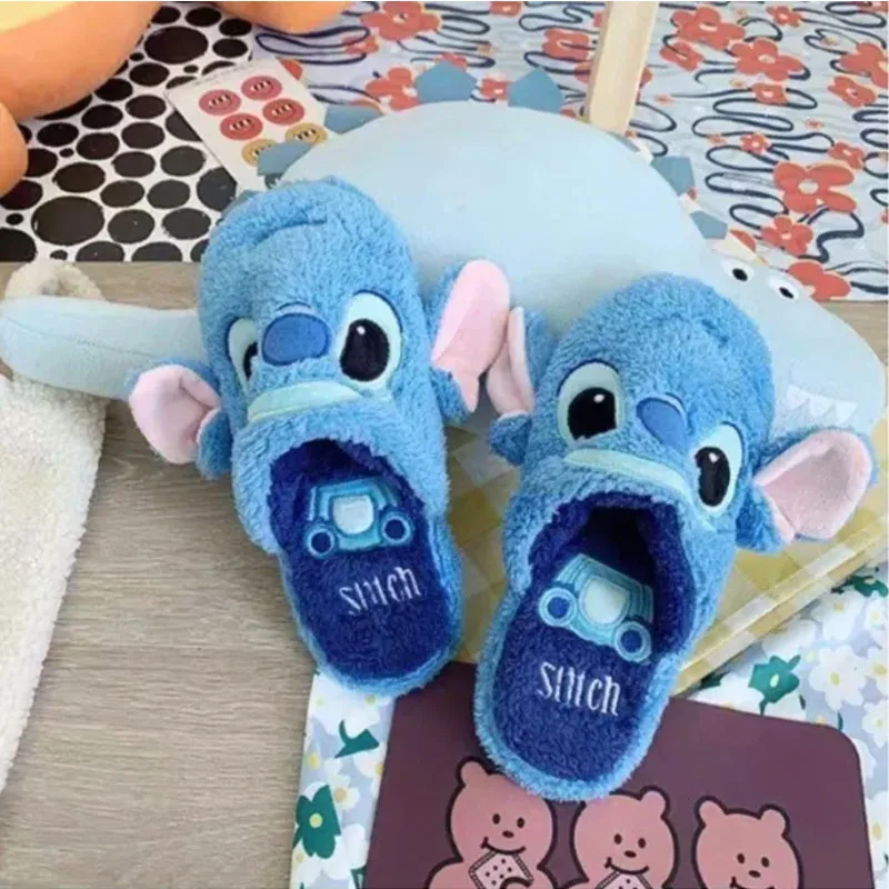 Miniso Autumn Winter Kawaii Cartoon Stitch Plush Cotton Slippers Cute Lightweight Couple Versatile Indoor Warm Home Slippers