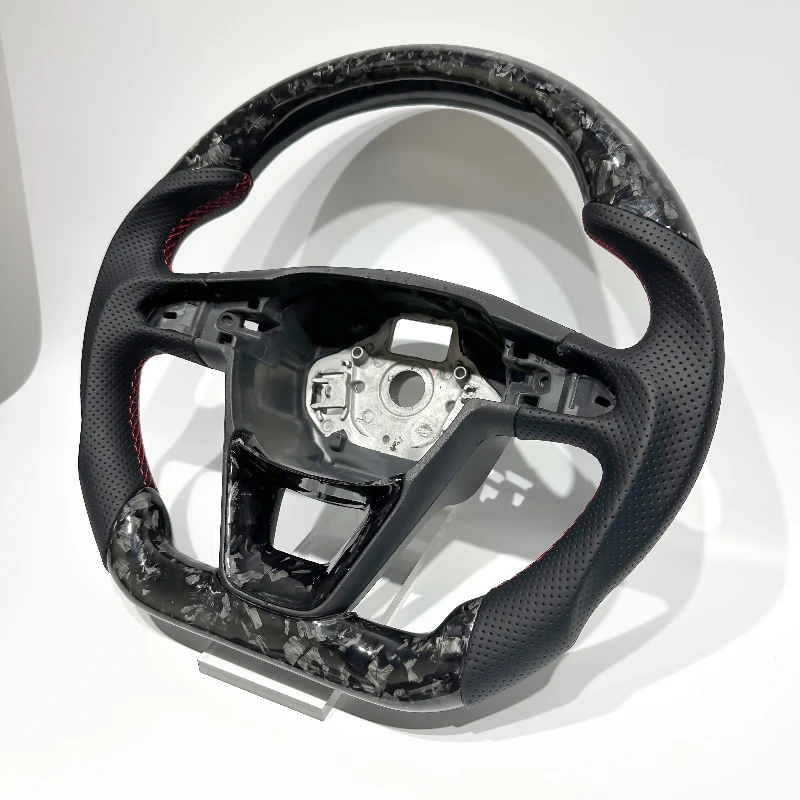 True Black Forged Carbon Fibre Black Perforated Leather Red Stitching Sports Steering Wheel Suitable for SEAT Without airbags