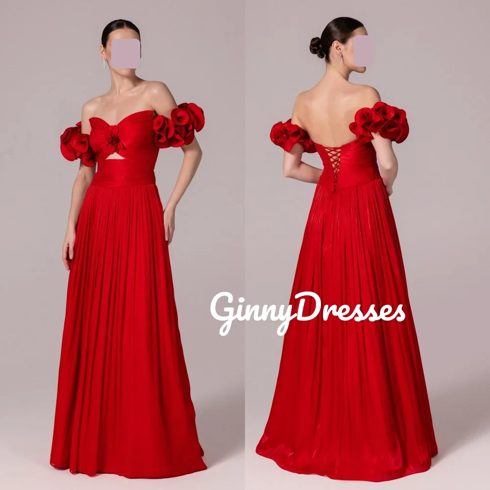 

Party Dresses Customize A-Line Off-The-Shoulder Zipper Up Elegant Party Dresses For Women Flowers Short Sleeves Floor-Length Dre