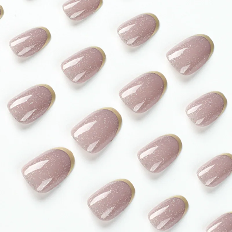 

24-Piece Minimalist & Chic Glitter French Tip Press-On Nails – Short Oval Shape With Gold Borders Fake Nails For Women Girl