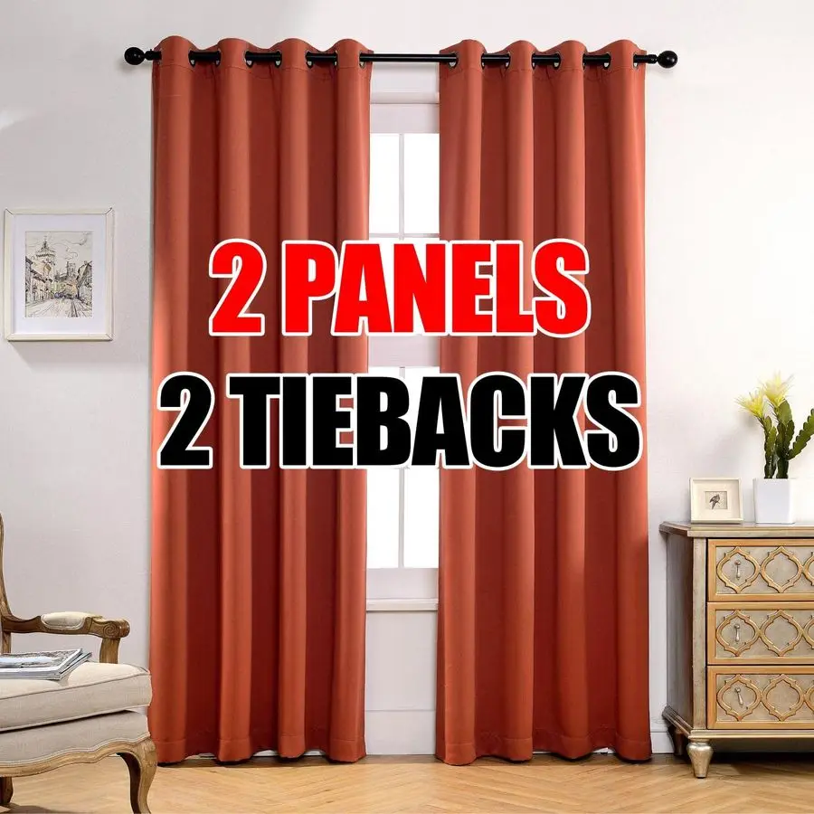 

Room Darkening Thermal Insulated Grommet Window Blackout Curtains Panels for Livingroom 1 Pair 52x84 Inch Rust, Bonus 2 Tie Back