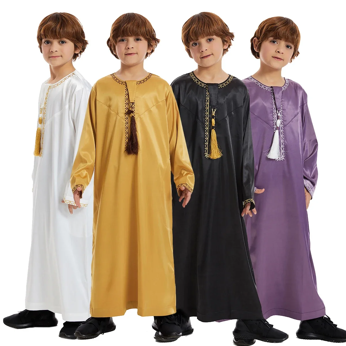 Arabo Musulmano Bambini Ragazzo Jubba Thobe Abaya Abito lungo in raso Caftano per bambini Abbigliamento islamico Abiti lunghi Abito Dubai Arabo Ramadan