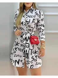 Women Elegant Dress Letter Print Long Sleeve Casual Shirt Dress Summer Spring Vacation Mini Dresses Office Lady 2024 vestidos