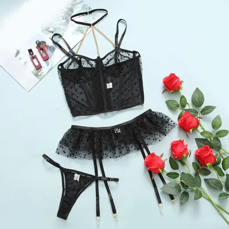 Bộ đồ ngủ dành cho phụ nữ bộ đồ ngủ trang phục quần áo áo ngực gợi cảm với thắt lưng garter e15c