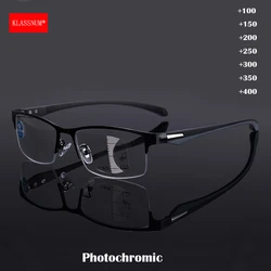 KLASSNUM Men Photochromic Progressive Reading Glasses TR90 Fram Anti-blue Magnifier Half Frame Presbyopia Glasses +1.0 2.5 4.0