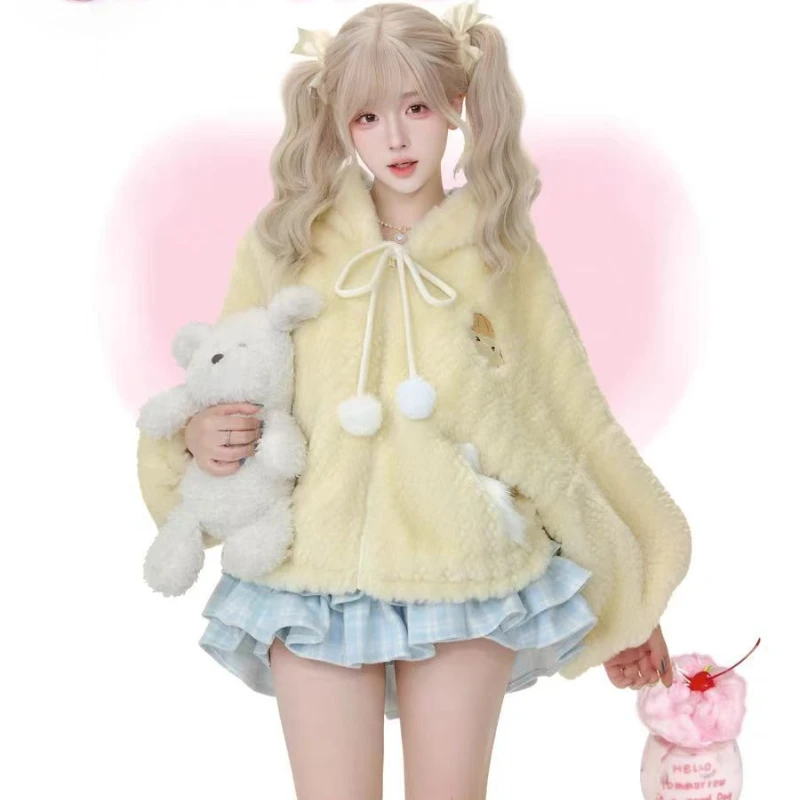 Doce lolita estilo 2 peça define feminino kawaii bola de pelúcia quente casaco com capuz xadrez mini bolo saias terno outono inverno y2k outfits