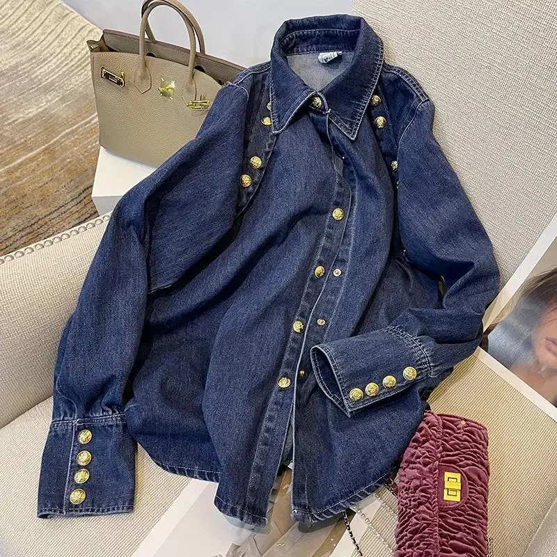 NMZM retro denim shirt 2024 autumn and winter women's new design sense niche shirt French exquisite chic top women's shirt