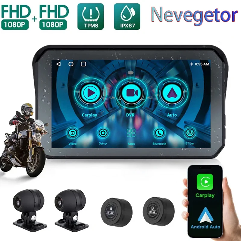 Nevegetor FOR Motorcycle Carplay Waterproof 1080P 5 Inch WiFi Wireless Android-Auto DVR Monitor Dash Cam GPS Navigation TPMS