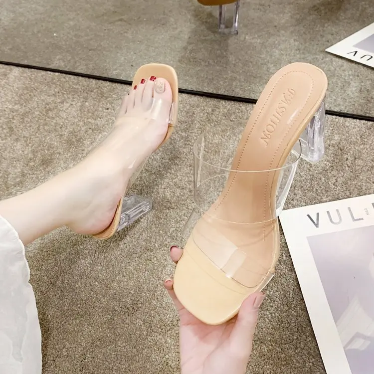 Transparent High Heels Women Square Toe Sandals Summer Shoes Woman Clear High Pumps Wedding Jelly Buty Damskie Heels Slippers