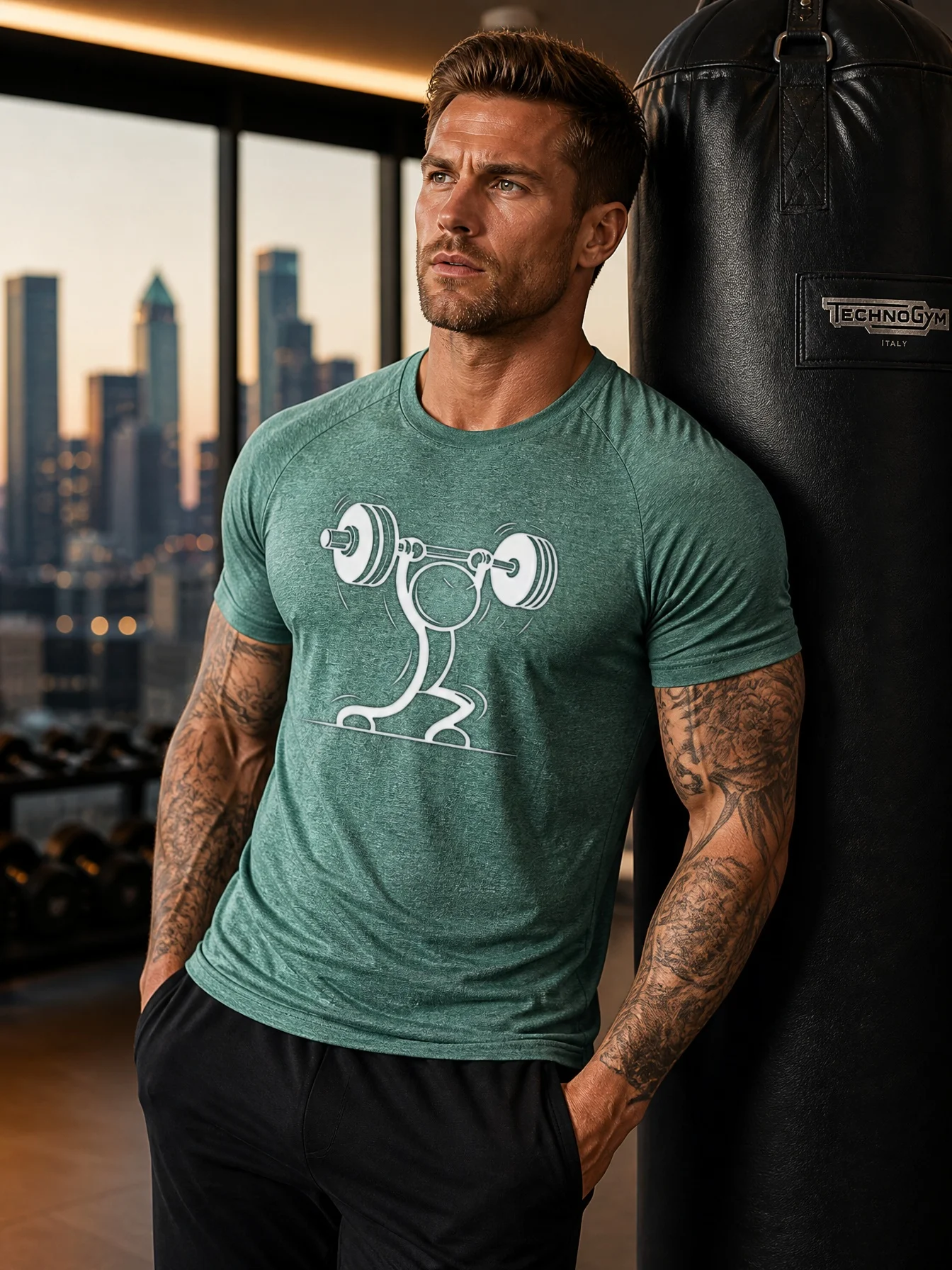 Dumbbell Weightlifting Little Man Print Men's Sports T-Shirt, Ice Silk High Elasticity Non-Slip Fitness Training Outdoor Jacket