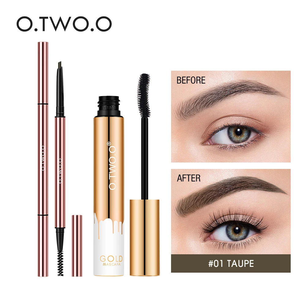 O.TWO.O Mascara Wenkbrauwpotlood Make-Up Set Waterdicht Langdurige Black Mascara Ultra Skinny Brow Potlood 2 Stuks Cosmetica volledige Set