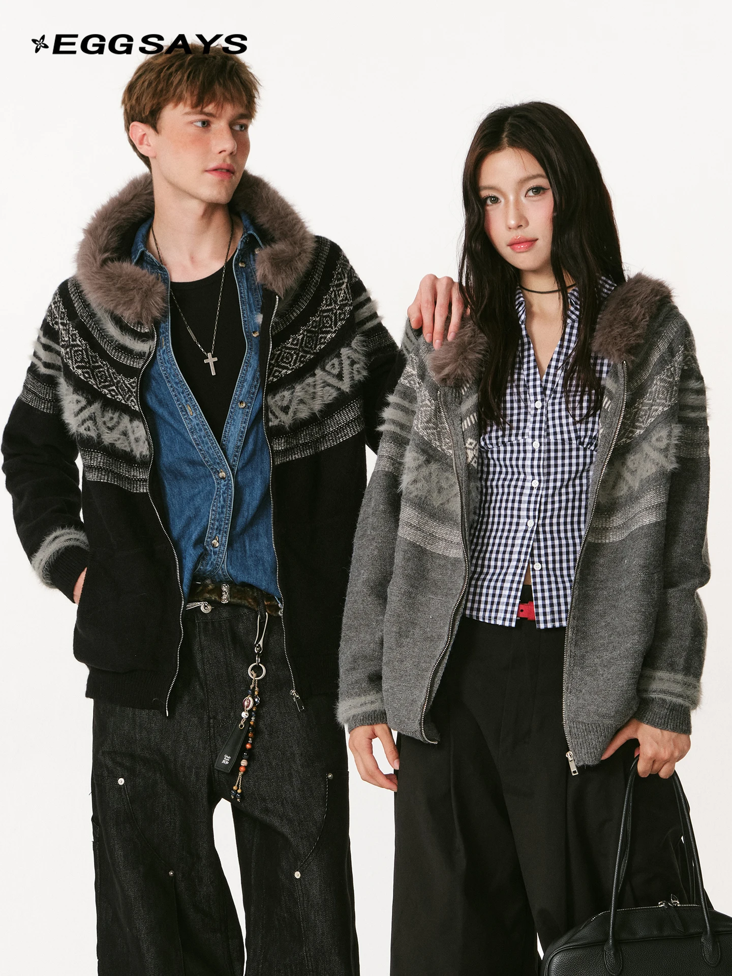 American Retro Fur Collar Cardigan Autumn Winter Warm Loose Hooded Knitted Jacket Unisex Couple Style