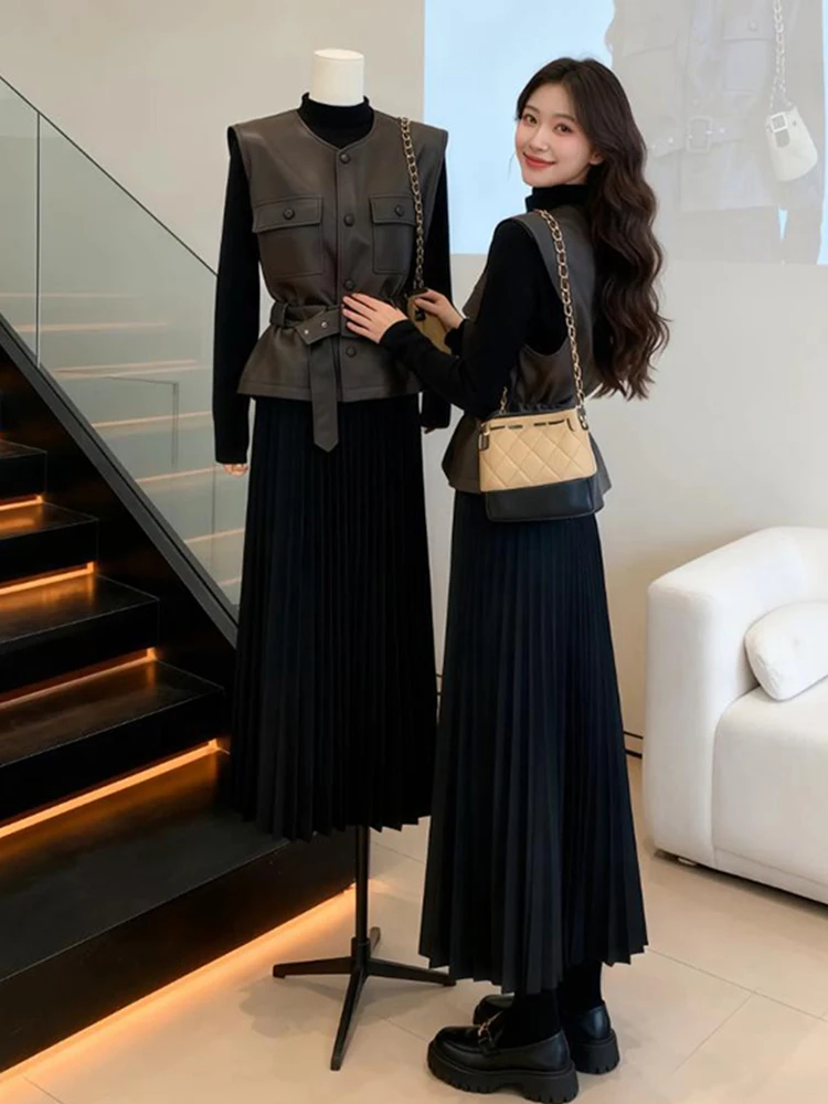Retro Leather Vest And Pleated Long Skirt Set Women's Fashion Slimming Autumn Winter plus Size Comfortable Casual Style Two P...
