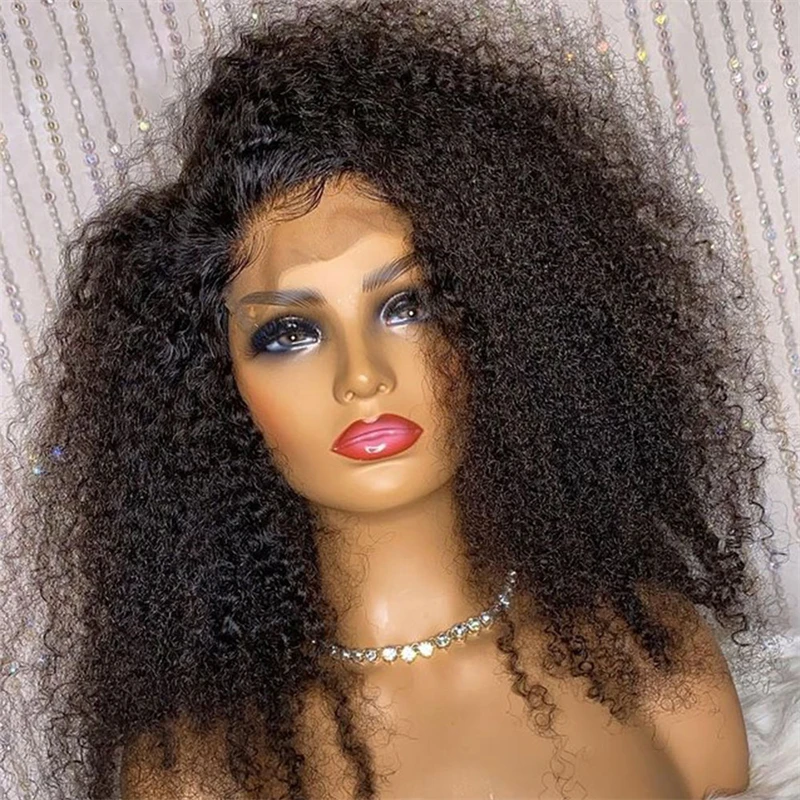 Perruque Lace Front Wig bouclée crépue longue noire naturelle, 26 pouces, densité 180, pre-plucked, avec baby hair, sans colle, à la mode, pour femmes