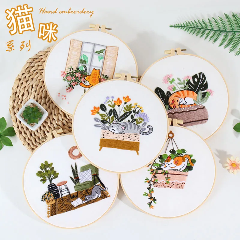 New DIY Embroidery Needlework Tools For Beginners Home Sewing HandCrafts Kit Embroidery Set Flowers Plants Cat Pattern Handmade