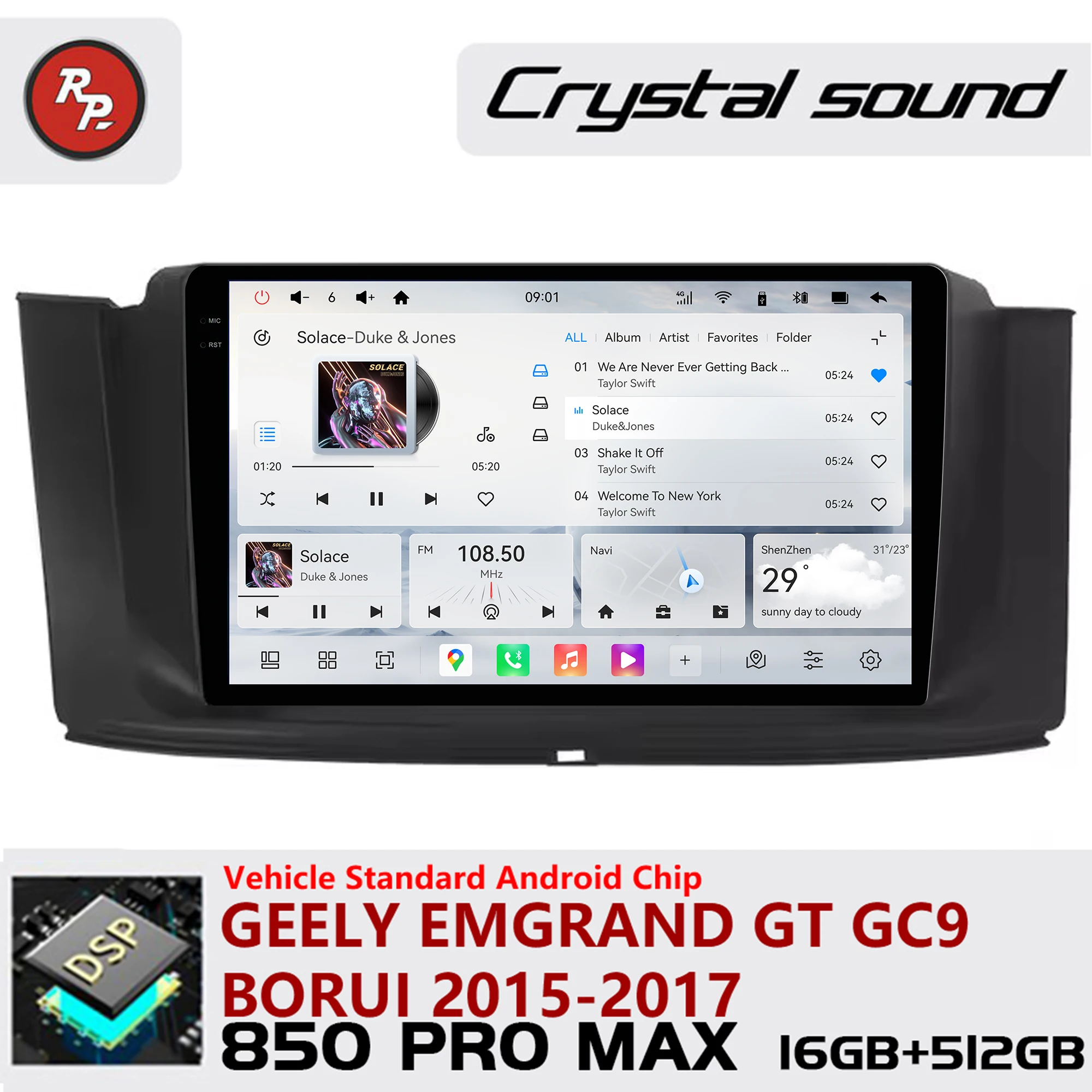 Redpower Crystal Sound 850 Pro Max  Android Car Radio Player Screen for Geely Emgrand GT GC9 Borui 2015-2017 CarPlay Bluetooth