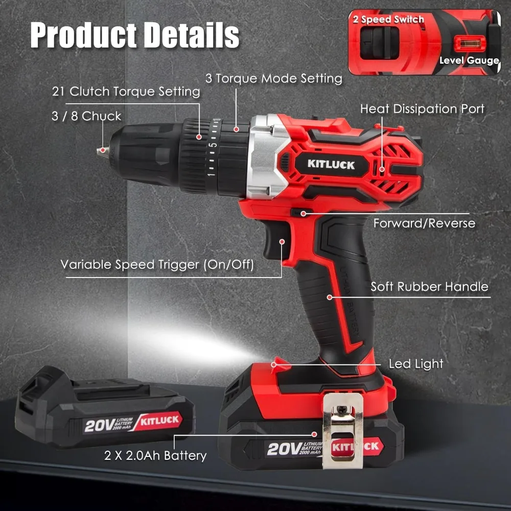 Cordless Drill Set, 20V Power Drill Kit with 2 X 2.0AH Battery, 44pcs Drill/Driver Bits, 1 Box Screws, Bubble Level, 3/8''