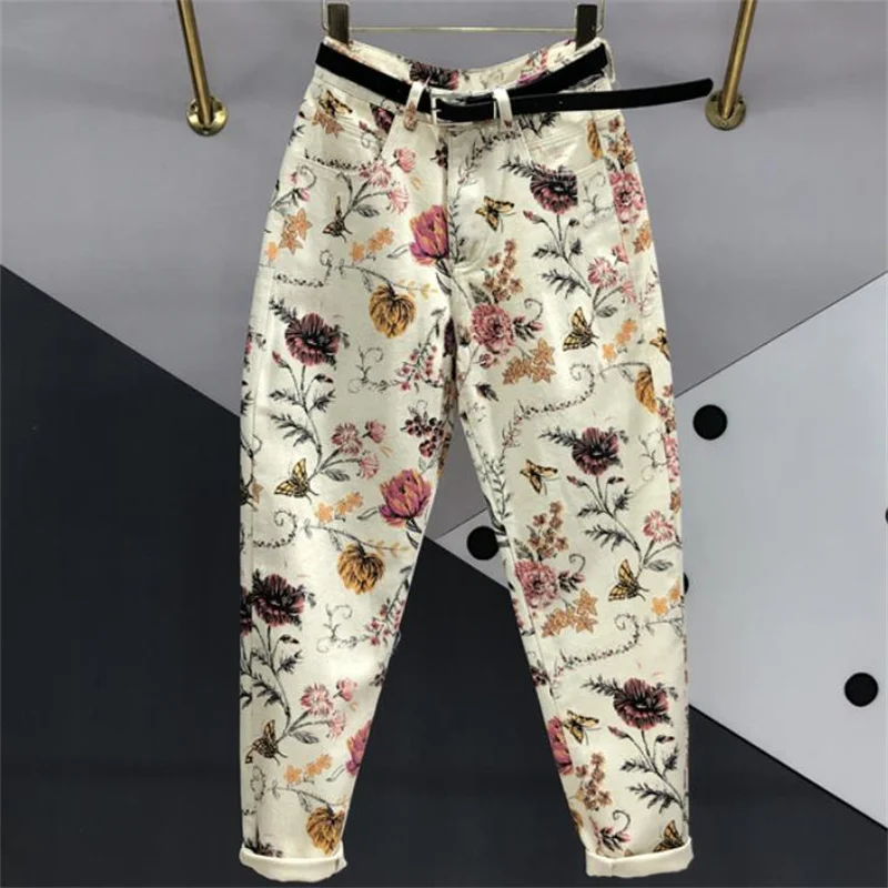 

Flower printing dyeing jeans Harlan casual 2023 spring new loose pants women with belt